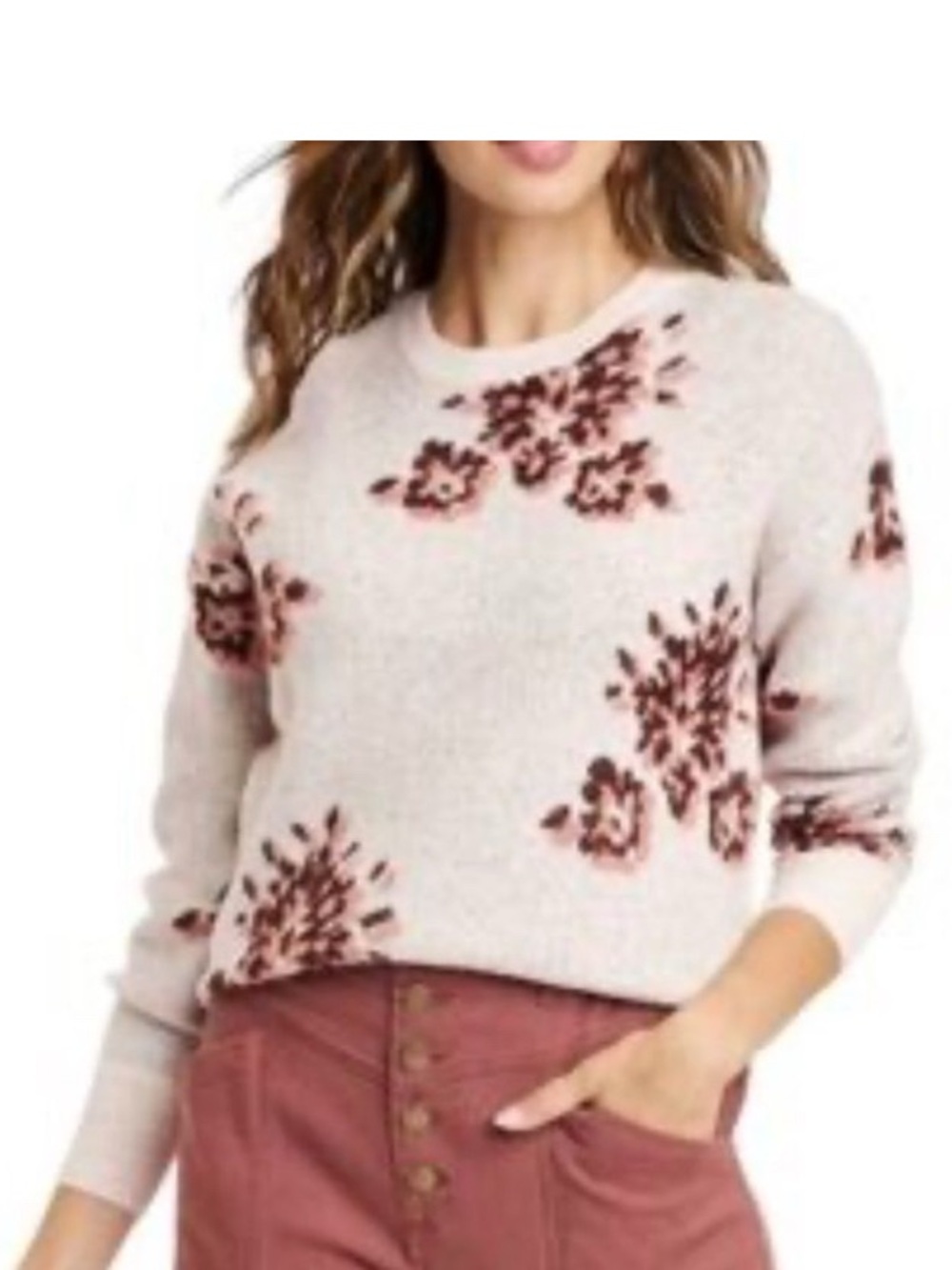 Knox Rose Floral Crewneck Sweater XL Beige Brown Rust Relaxed Fit